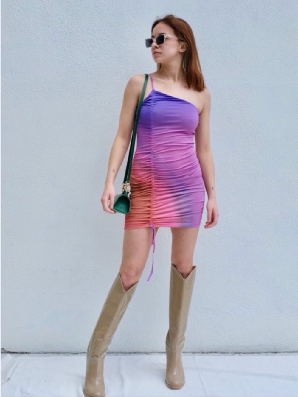 Paloma Wool Valie One-Shoulder Ombre Ruched Mini Dress in Purple Pink Orange